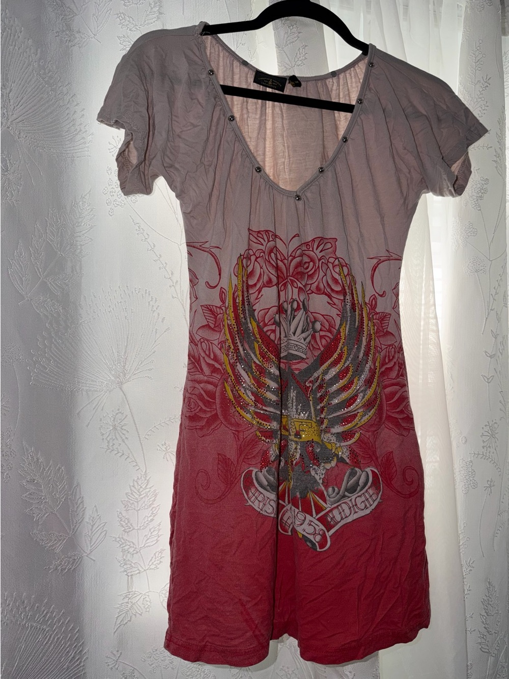 Christian Audigier Pink Ombre V-Neck Tee with Eagle Graphic